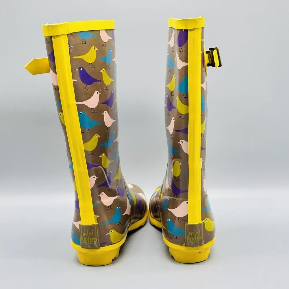 Mini Boden Boots Youth Girls 3 Yellow Brown Rain Bird Print Rubber Tall